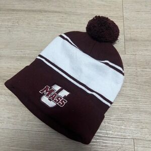 UMass Minutemen Maroon White Striped Cuffed Pom Beanie Winter Knit Hat‎